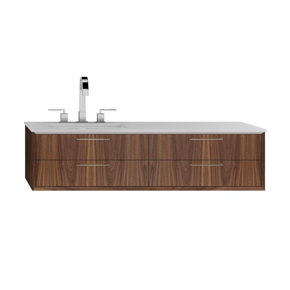 Cabinet of wall-mount under-counter vanity featuring three drawers and solid surface countertop wi