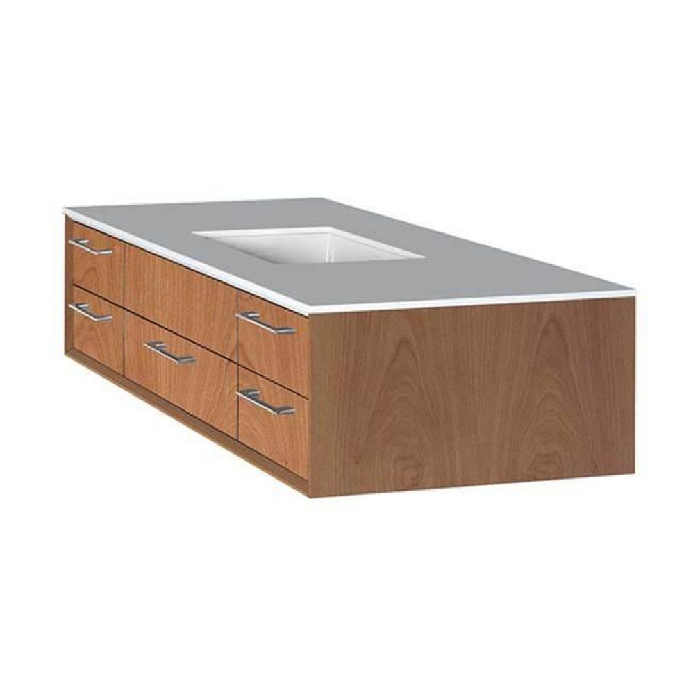 Cabinet of wall-mount under-counter vanity featuring five drawers and solid surface countertop wit