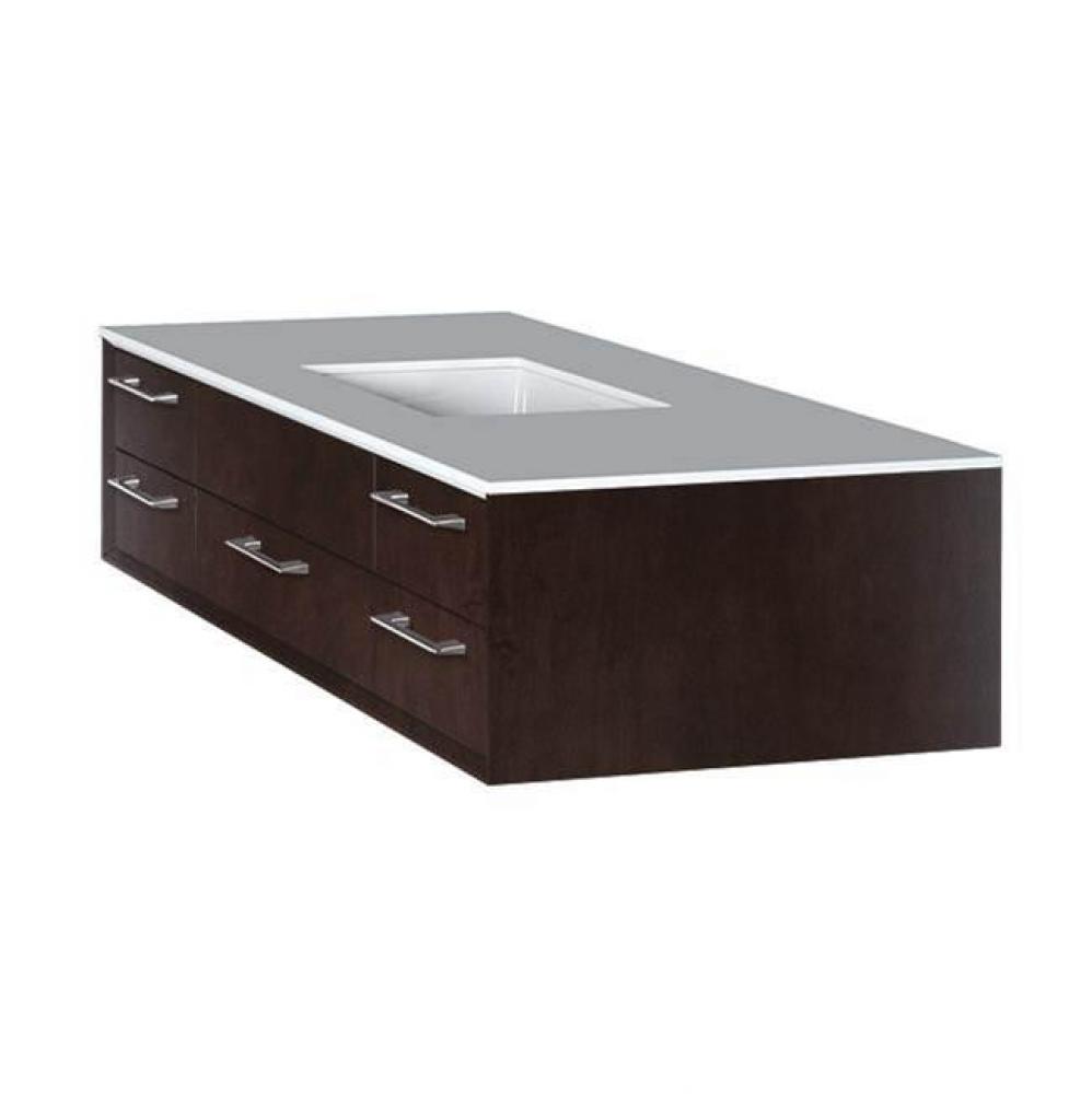 Cabinet of wall-mount under-counter vanity featuring five drawers and solid surface countertop wit