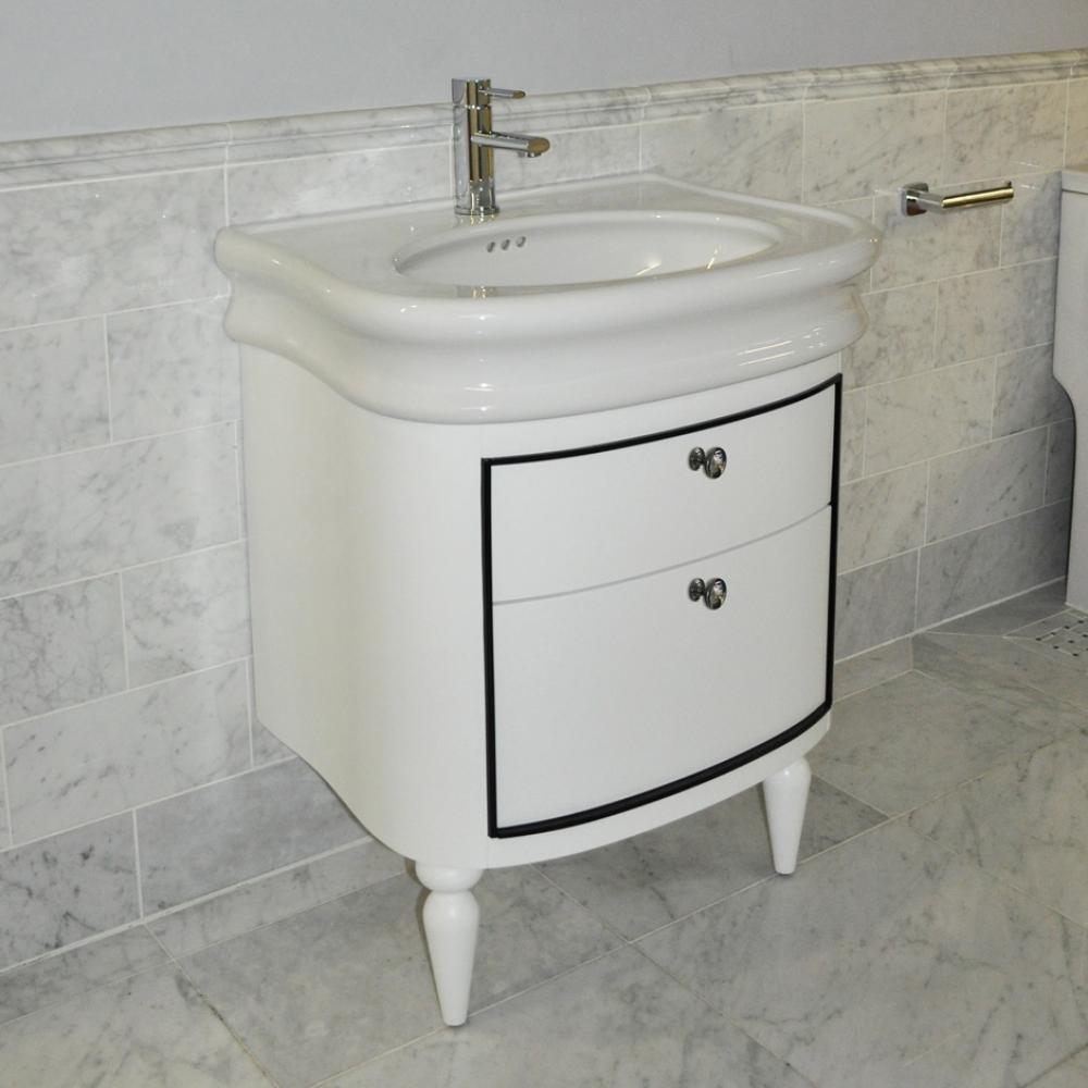 Wall-mount under-counter vanity with two drawers.