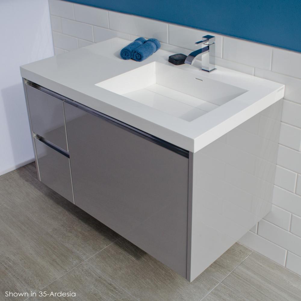 Wall-mount under counter vanity with three drawers, Bathroom Sink  is on the right.  The drawer un