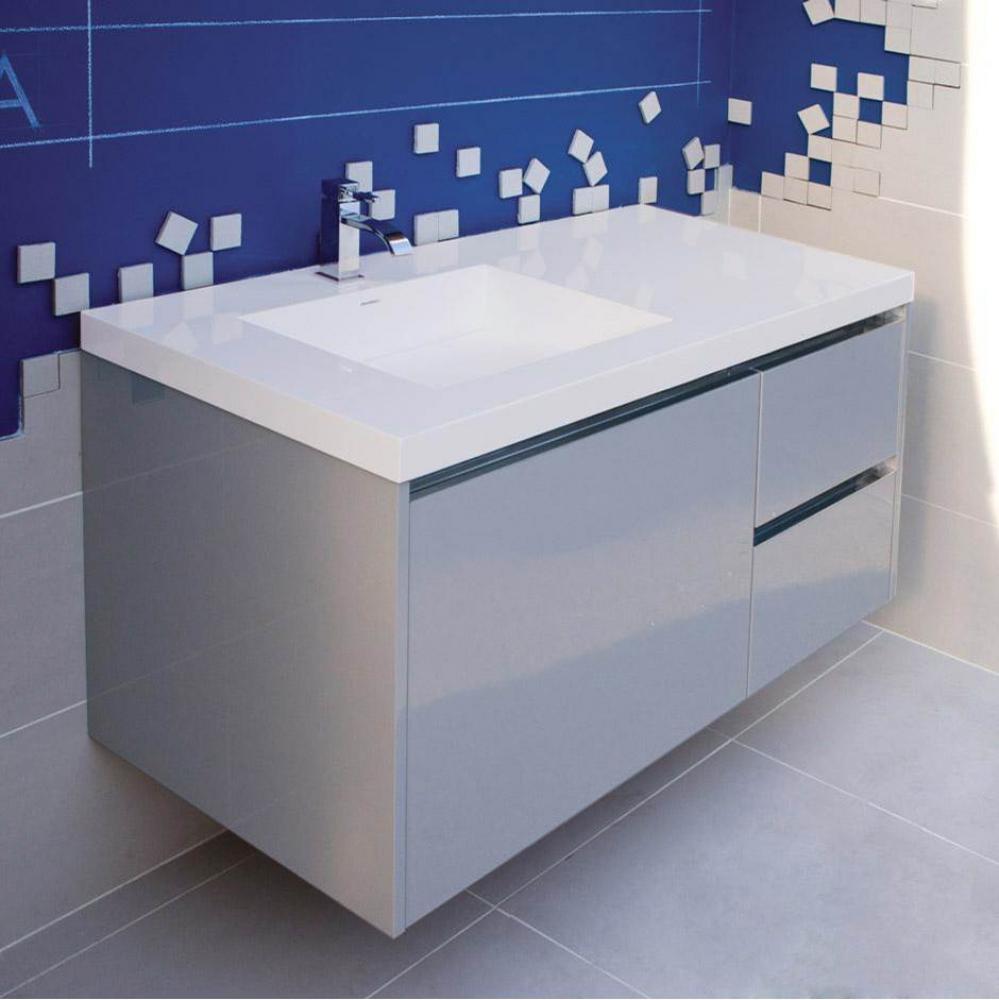 Wall-mounted undercounter vanity with a large drawer on left and 2 small drawers on right, washbas