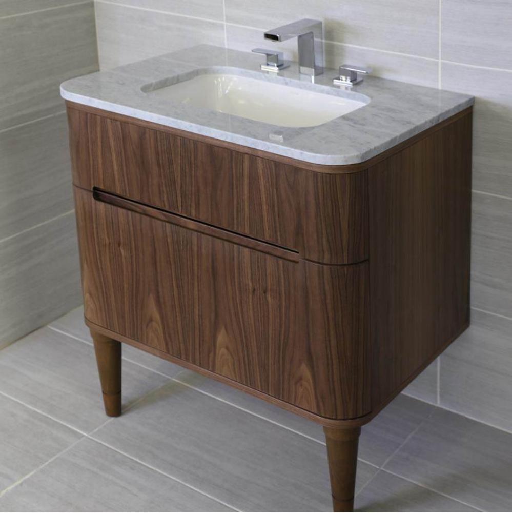 Wall-mount under counter vanity with a routed finger pull drawer. H27 LEG, H272T and H270 Bathroom