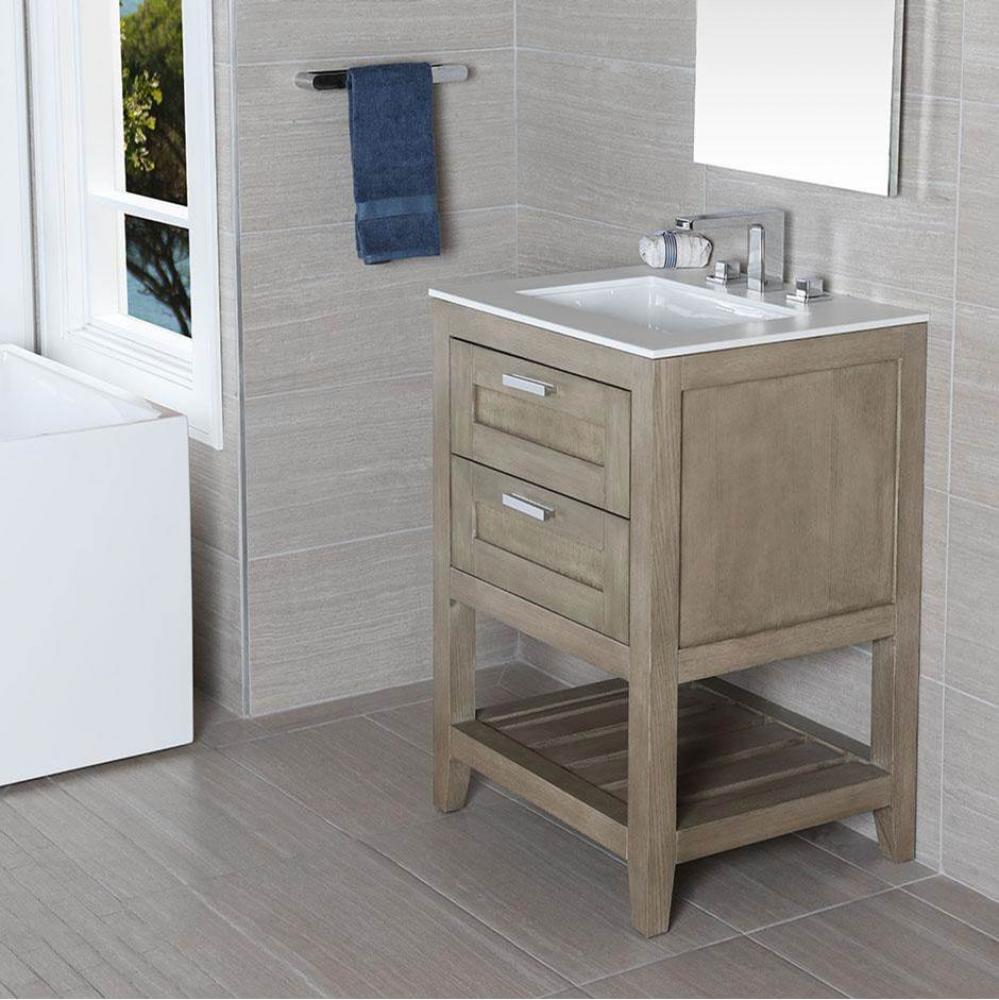 Free standing under-counter vanity with two drawers(knobs included) and slotted shelf in wood.