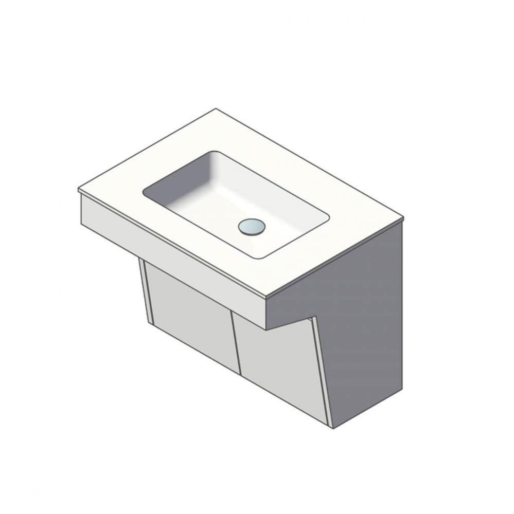 Wall-mount vanity with two doors and fingerpull openings; can meet federal ADA requirements when i