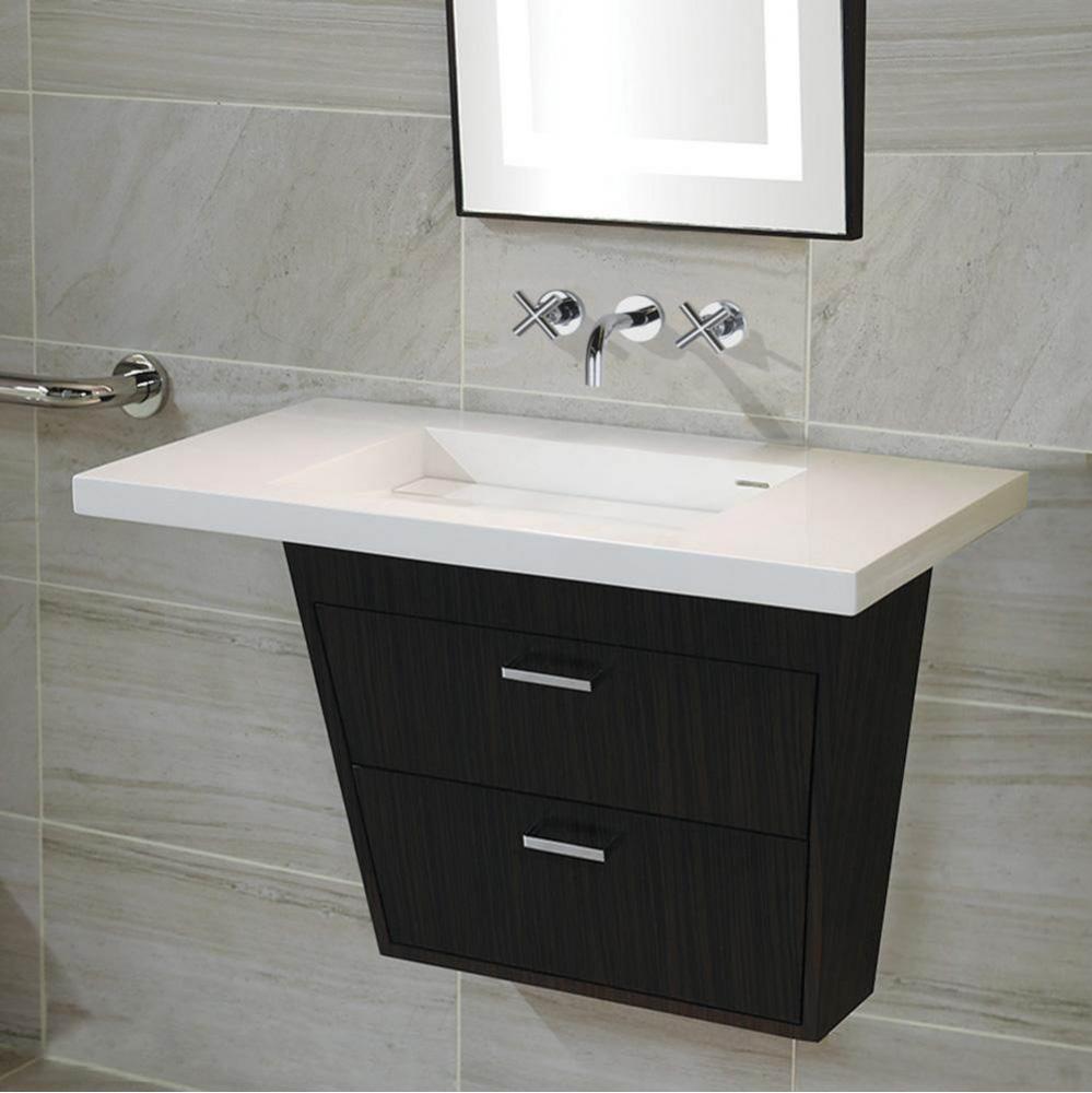 Wall-mount vanity with two flip-down doors (pull installed upon request); ADA compliant. Sink top