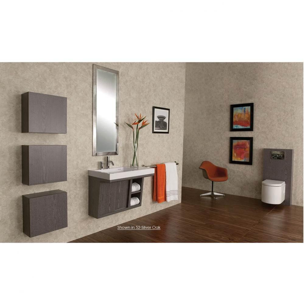 Wall-mounted under-counter vanity with two sliding doors, two open cubbies on the right, and accen