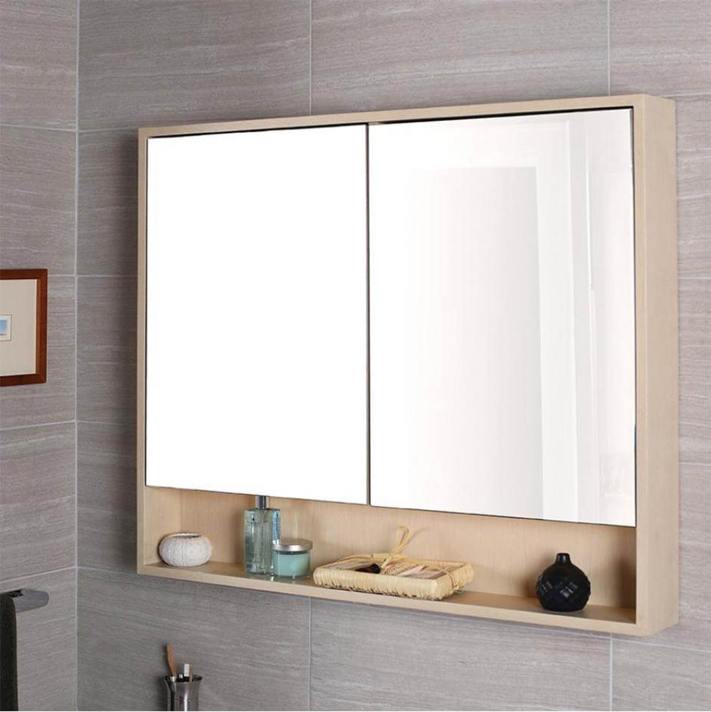 Surface-mount medicine cabinet with two mirrored doors, two adjustable glass shelves in each secti