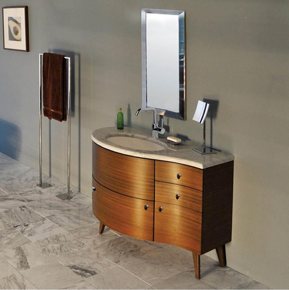 Free-standing wood base with three drawers and one door, washbasin on the left, 48''W, 2