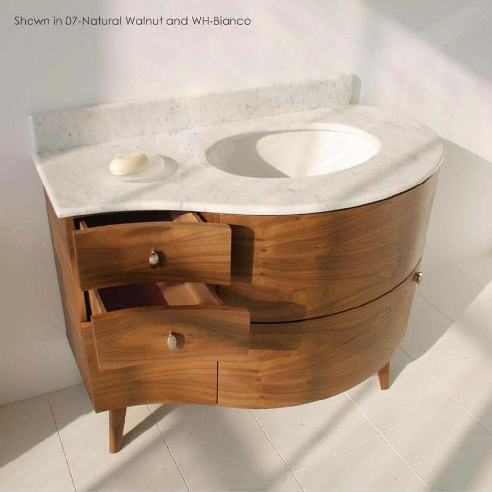 Free-standing wood base with three drawers and one door, washbasin on the right, 42''W,