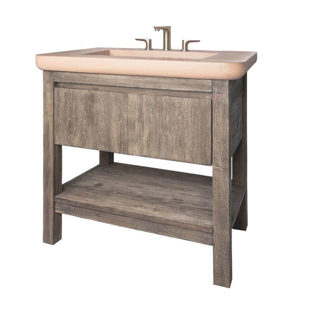 Floor-standing vanity in driftwood with drawer and slotted bottom shelf. Sink CT370 sold separatel