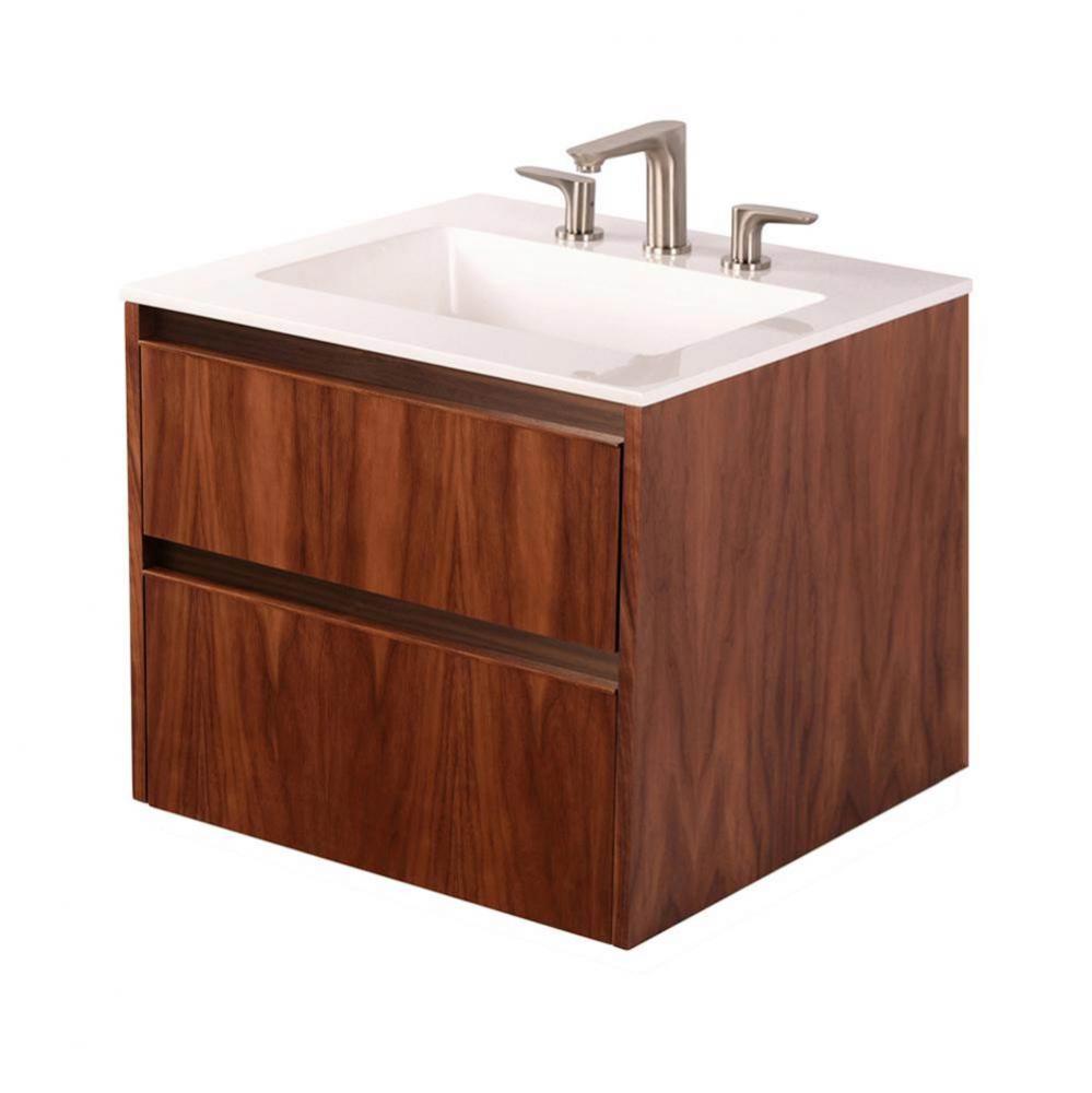 Wall-mount under-counter vanity with two drawers and plumbing notch in back. 28''W, 18-1