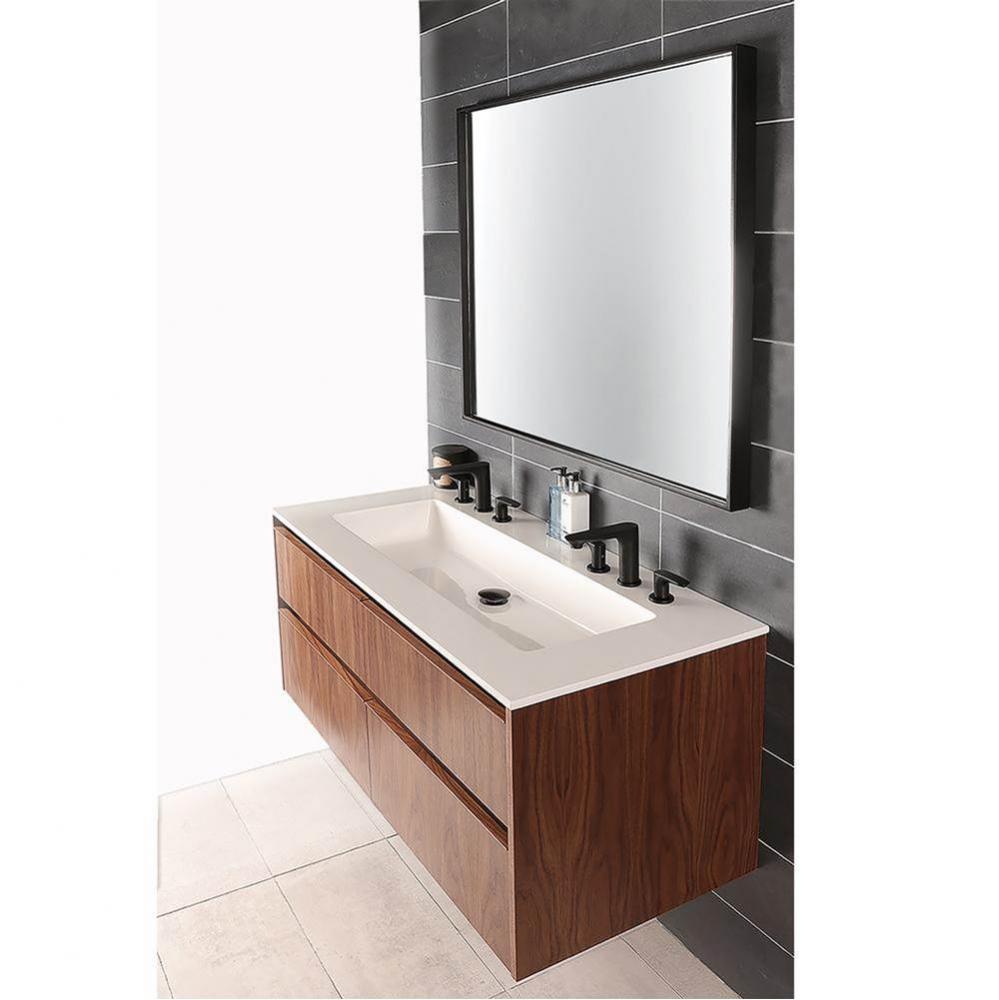 Wall-mount under-counter vanity with two drawers and plumbing notch in back.