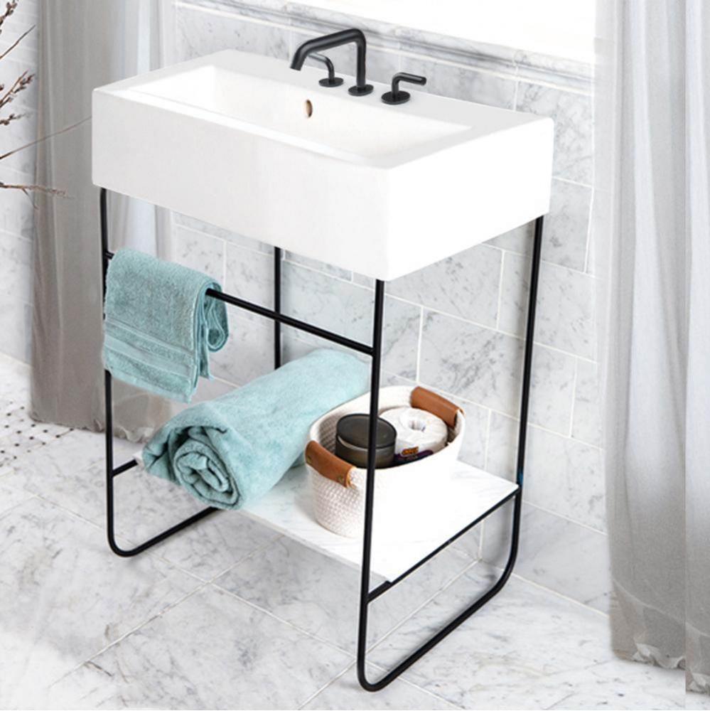 Floor-Standing Stainless Steel Console Stand With A Towel Bar.