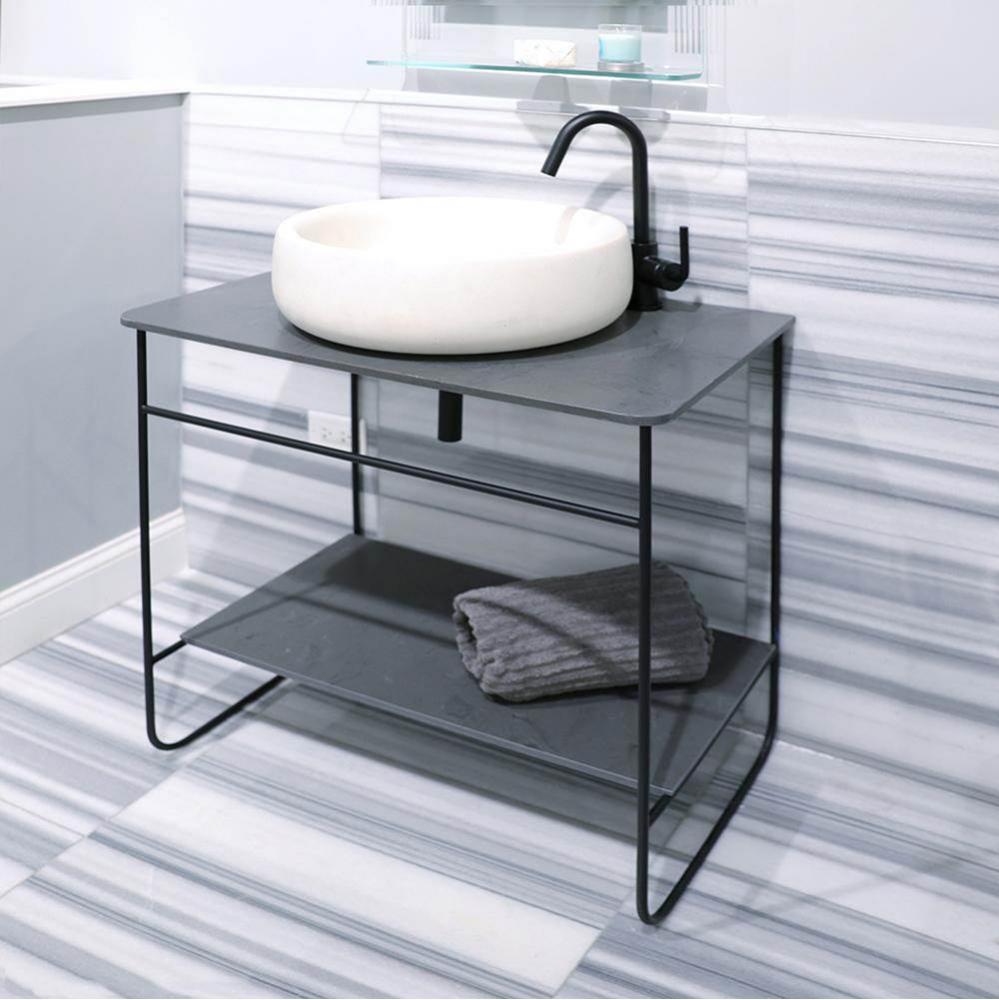 Floor-standing welded metal console stand with a towel bar and shelf. It must be attached to wall.