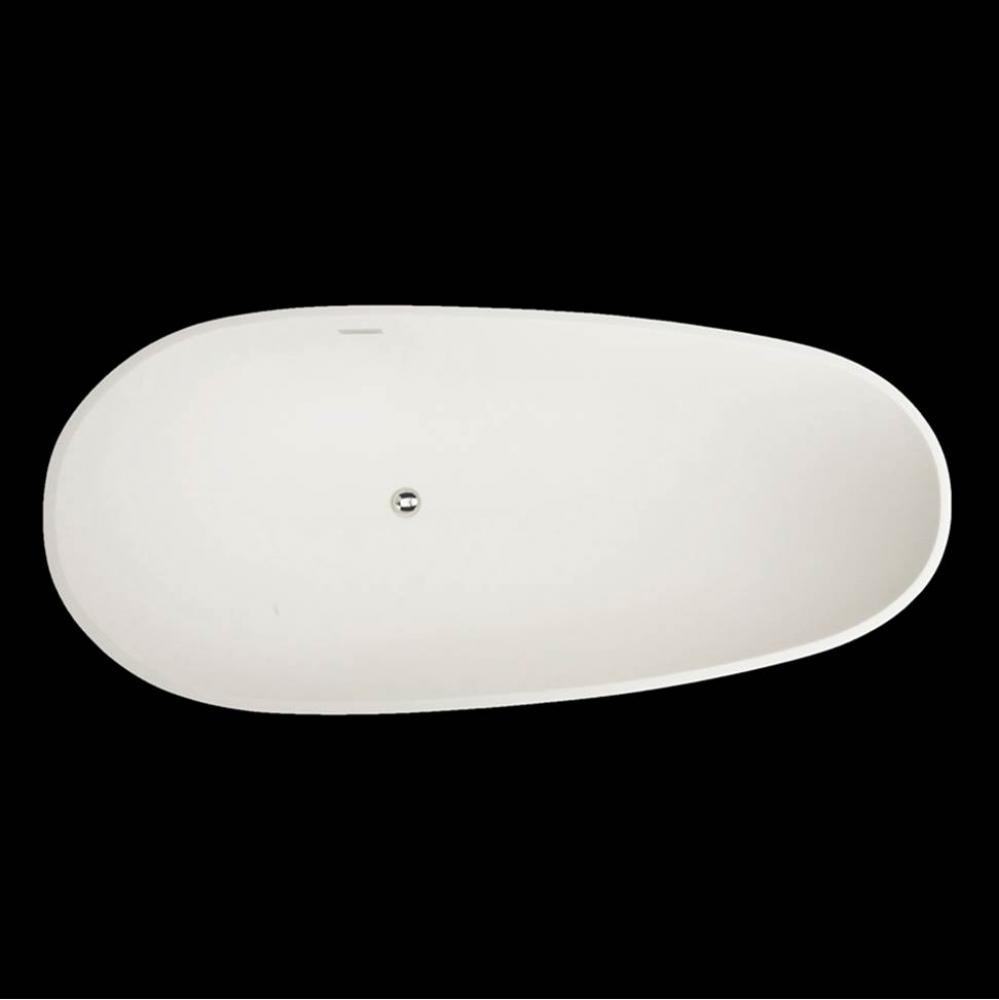 Free-standing soaking bathtub made of white solid surface with an overflow and polished chrome dra