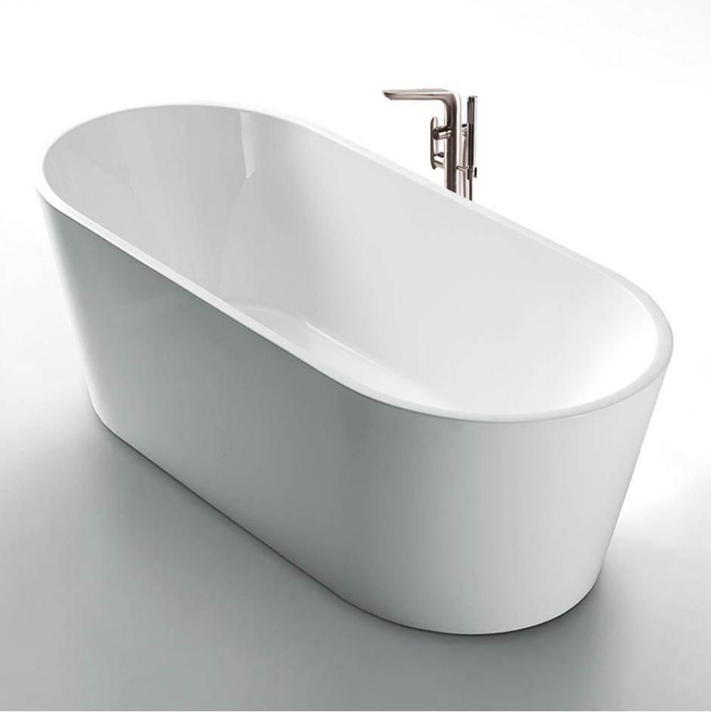 Free-standing soaking bathtub made of luster white acrylic with an overflow and polished chrome dr