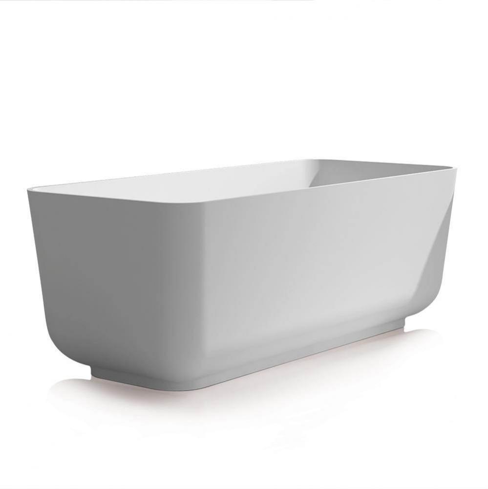 Free-standing soaking bathtub made of white solid surface with overflow and a decorative solid sur