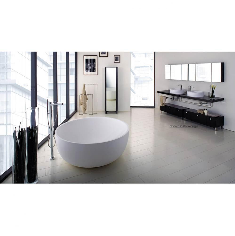 Free-standing soaking bathtub made of white solid surface with a decorative solid surface drain, n