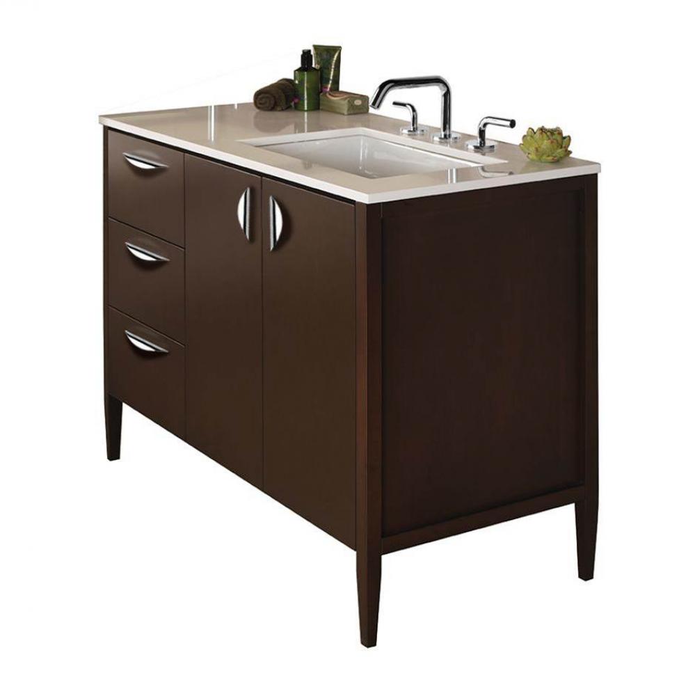 Free-standing under-counter vanity with three drawers on the left an two doors on the right(pulls