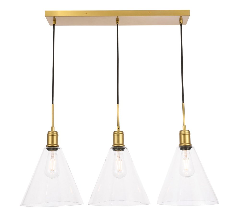 Hugh 3 light Brass and Clear glass pendant