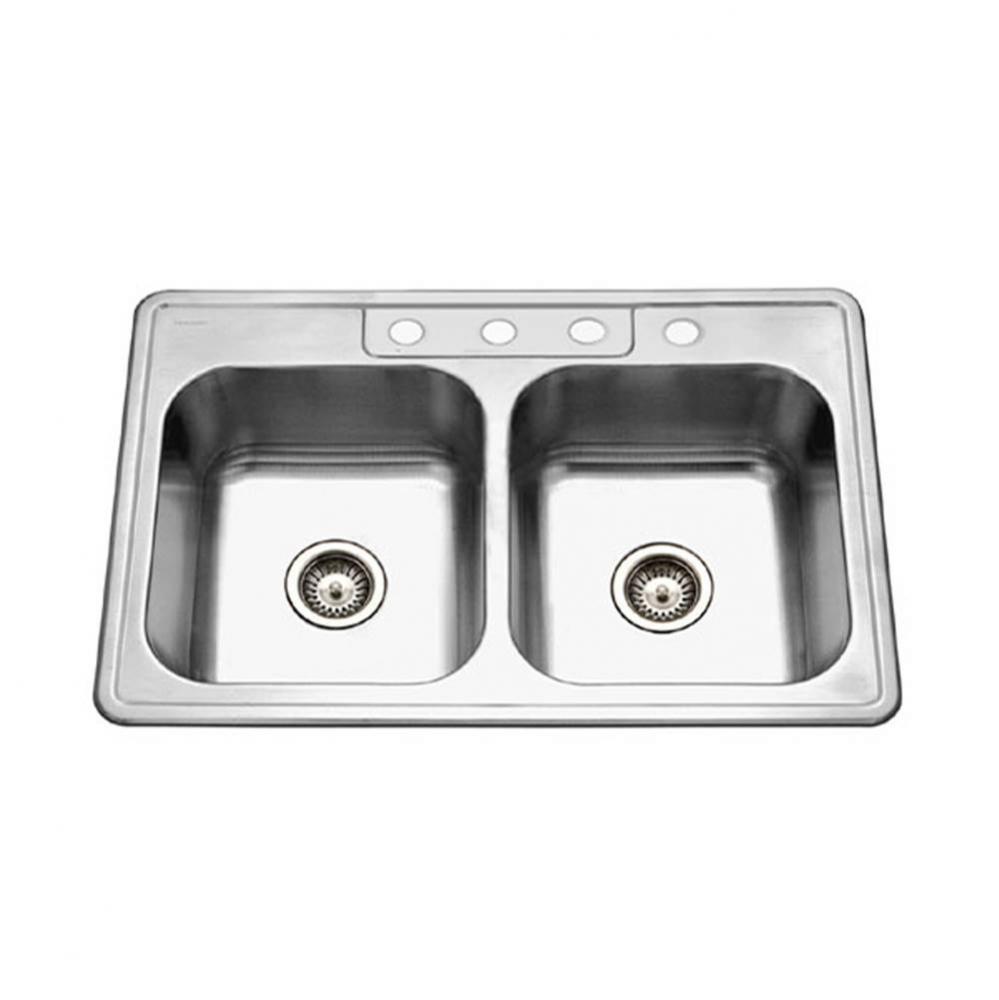 Revive 33'' Topmount Stainless Steel 4-hole 50/50 Double Bowl Kitchen Sink, 8'&apos