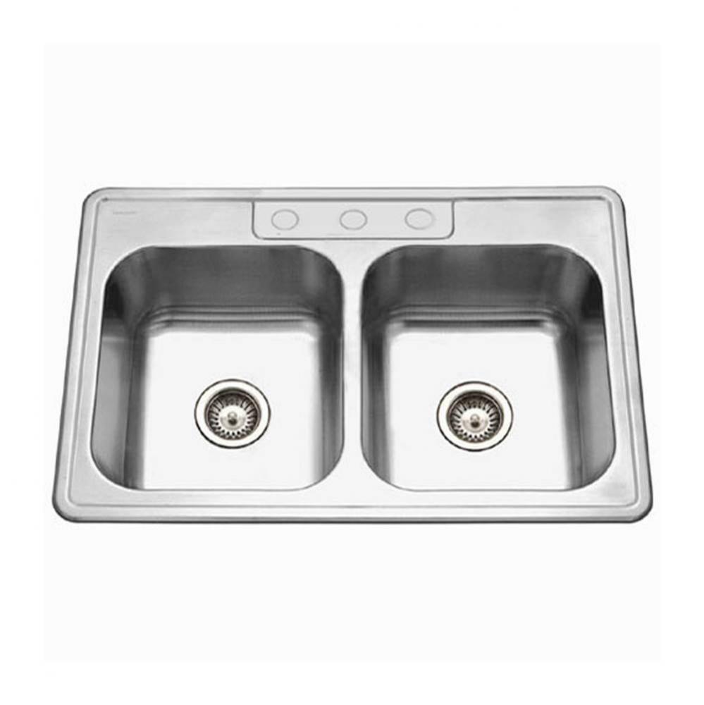 Revive 33'' Topmount Stainless Steel 3-hole 50/50 Double Bowl Kitchen Sink, 9'&apos