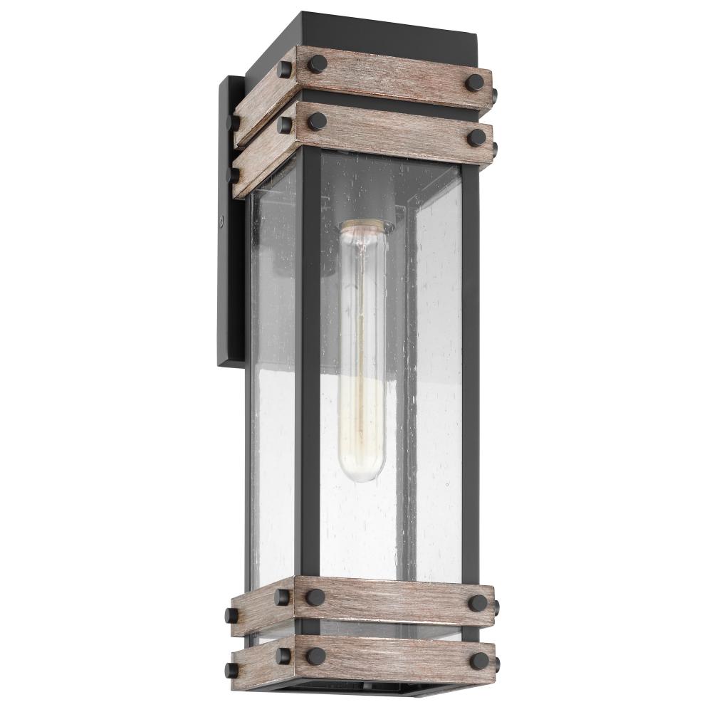 Homestead; 1 Light; Medium Wall Lantern; Matte Black & Wood Finish with Clear Seeded Glass