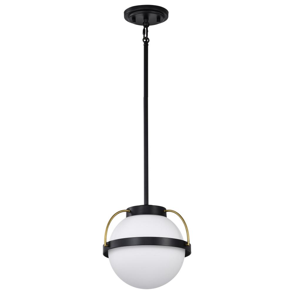 Lakeshore 1 Light Small Pendant; Matte Black & Natural Brass Finish; White Opal Glass