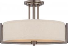 Nuvo 60/4858 - Gemini - 3 Light Semi Flush with Khaki Fabric Shade - Hazel Bronze Finish