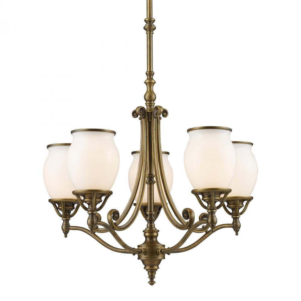 Five Light Vintage Brass Patina Up Chandelier