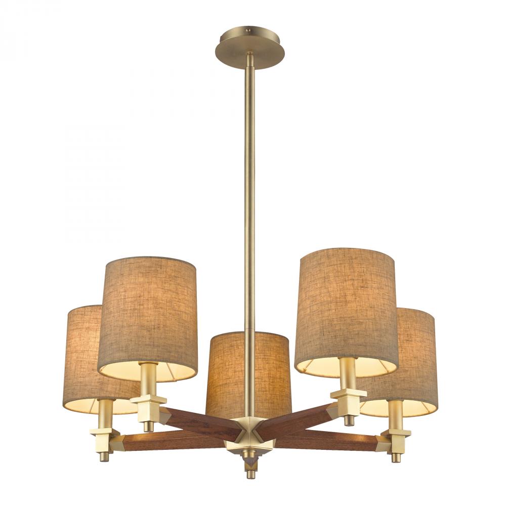 Five Light Satin Brass Drum Shade Chandelier